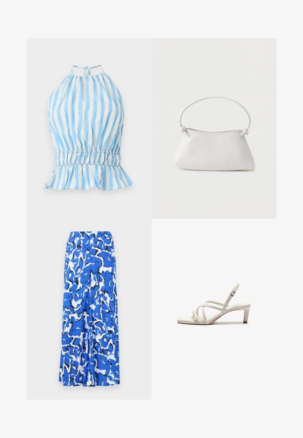 Top halter de rayas azules y blancas con escote recogido, cintura elástica y dobladillo con volantes. Hecho de una tela ligera con un acabado texturizado.; Falda larga con un patrón abstracto en azul y blanco, fabricada en un tejido ligero, con una cinturilla ancha y un silueta recta con aberturas laterales.; Zign Tacones - off white; Bolso de mano de cuero blanco tejido con asa redondeada y extremos de la correa anudados, exhibido sobre un fondo liso.