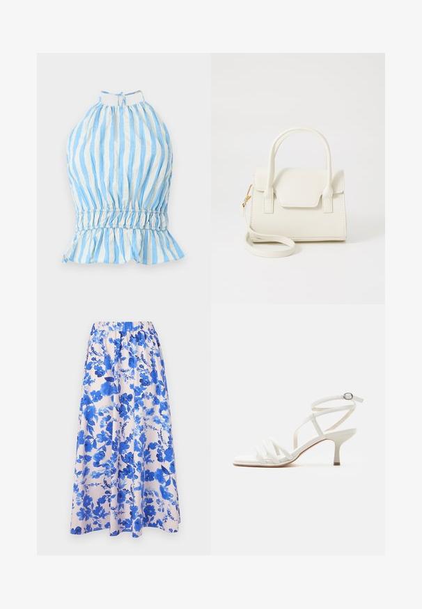 Top halter de rayas azules y blancas con escote recogido, cintura elástica y dobladillo con volantes. Hecho de una tela ligera con un acabado texturizado.; Falda maxi floral con un fondo rosa y patrones florales en acuarela de color azul; cinturilla elástica; tela fluida.; Sandalia blanca de mujer con tiras, tacones delgados, tres tiras delanteras y una correa en el tobillo con hebilla plateada.; Bolso pequeño blanco con doble asa, solapa frontal y correa de hombro desmontable con cierre dorado sobre fondo blanco liso.