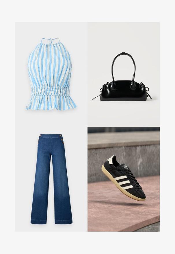 Blå og hvid stribet halterneck-top med samlede stofdetaljer, elastisk talje og volangkant. Lavet af letvægtsstof med en tekstureret finish.; Denimbukser med vidde i benene i mørkeblå. Har en flad front med fem knapper i gylden tone til lukning. Glat tekstur med en klassisk finish.; Sort Adidas sneaker med hvide striber og beige sål, fanget i luften over en stenet overflade og baggrund af en stenmur.; Lille sort blank håndtaske med to lange håndtag og snøre-detaljer i siden på en ensfarvet lys baggrund.