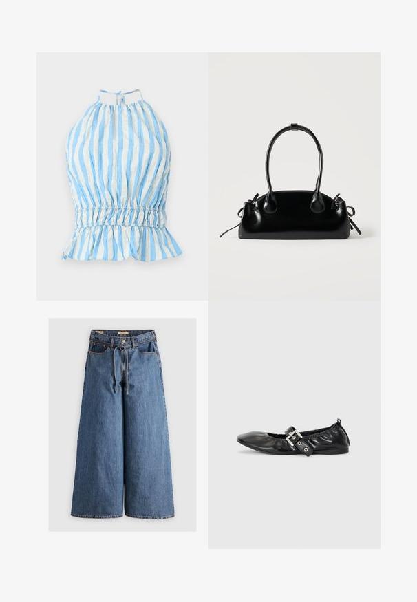 Modrá a biela pruhovaná top s halter strihom, so z gathered bodicou, elastickým pásom a riaseným lemom. Vyrobené z ľahkého materiálu s textúrovaným povrchom.; Džínsy s širokými nohavicami v stredne modrej farbe, s vysokým pásom, sťahovacím pásom, piatimi vreckami a kontrastným prešívaním.; Čierna kožená plochá obuv s špicatou špičkou, zberaným detailom okolo otvoru a strieborným prackovým akcentom na nastaviteľnom remienku.; Malá čierna lesklá kabelka s dvoma dlhými rúčkami a bočnými šnúrkovými detailmi na jednoduchom svetlom pozadí.
