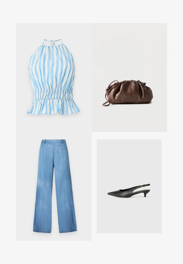 Modrá a biela pruhovaná top s halter strihom, so z gathered bodicou, elastickým pásom a riaseným lemom. Vyrobené z ľahkého materiálu s textúrovaným povrchom.; Svetlomodré široké džínsy vyrobené z denimu, s vysokým pásom, jemným vyblednutím a čistým lemom bez ozdôb a vreciek.; Čierne body topánky s otvorenou pätou vyrobené z hladkej kože. Zobrazuje tenké opätky a ozdobný detail s prackou na nastaviteľnom popruhu.; Mäkkohnedá hnedá kožená kapsička so zbieraným horným okrajom a tenkým remienkom, položená na bielom pozadí.