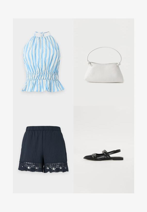 Haut à bretelles bleu et blanc rayé avec buste froncé, taille élastiquée et ourlet volanté. Fabriqué en tissu léger avec une finition texturée.; Shorts femme bleu marine avec taille élastique et bordure en dentelle florale le long de l'ourlet sur un fond clair uni.; Even&Odd by Zalando Ballerines à brides arrière - black; Sac à main en cuir tressé blanc avec poignée arrondie et extrémités de lanière nouées, présenté sur un fond uni.