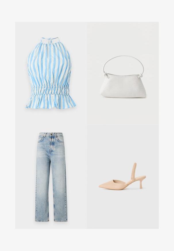 Blauw-wit gestreepte haltertop met geraffineerde bodice, elastische taille en gerimpelde zoom. Gemaakt van lichtgewicht stof met een gestructureerde afwerking.; Lichtblauwe jeans met een rechte pijpdesign, gemaakt van denim. Bevat vijf zakken, een knoopsluiting en subtiele vervaging overal.; Beige puntschoen met hak en open zijkanten. Gemaakt van glad synthetisch materiaal en een minimalistisch ontwerp.; Witte handtas van gevlochten leer met een afgeronde handgreep en uiteinden van de band die geknoopt zijn, afgebeeld tegen een effen achtergrond.
