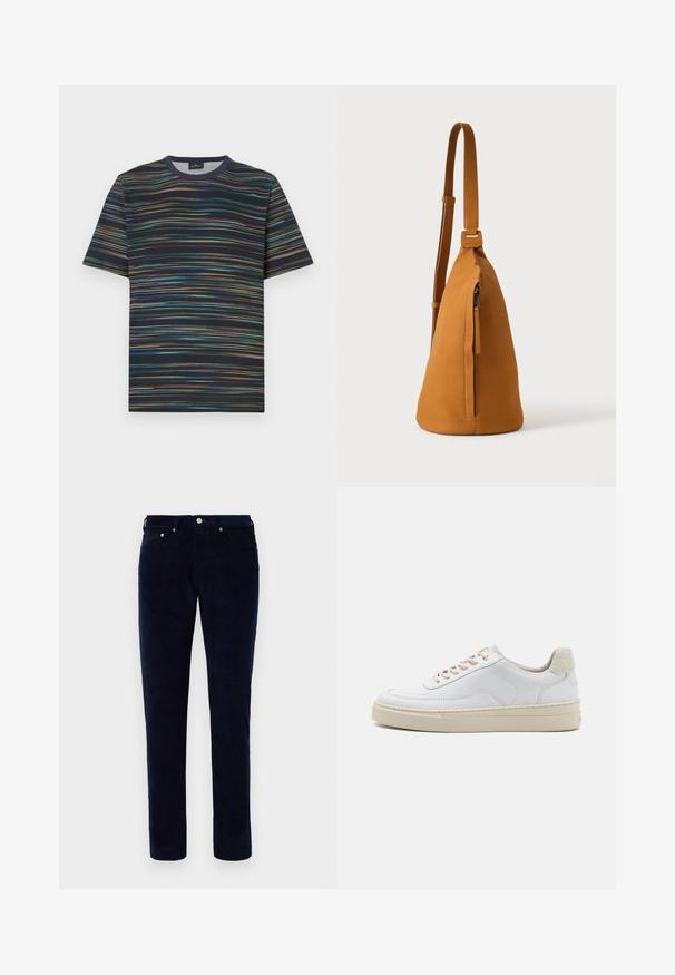 T-shirt manches courtes en coton, avec une base bleu marine et des rayures horizontales multicolores, col rond.; Pantalons en velours côtelé bleu foncé pour hommes, coupe ajustée, avec poches avant et arrière, passants de ceinture et fermeture à bouton.; Sneaker blanche avec un dessus en cuir lisse, des lacets beige et un onglet de talon en daim beige texturé. Semelle surélevée pour une hauteur supplémentaire.; Sac besace en cuir couleur fauve avec sangle réglable et poche verticale zippée, présenté de profil sur un fond clair uni.