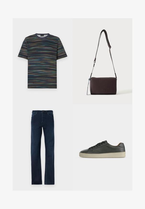 Camiseta de manga corta hecha de algodón, con base azul marino y rayas horizontales multicolores, con cuello de tipo redondo.; Jeans de mezclilla azul oscuro con piernas rectas, cinco bolsillos, cierre de botón y costuras en contraste a lo largo de las costuras.; Zapatilla baja de cuero negro con cordones negros y suela de goma color marfil, vista desde el lateral externo sobre un fondo blanco.; Bolso bandolera de cuero marrón oscuro con textura, correa ajustable y pequeño adorno decorativo azul en el lateral.