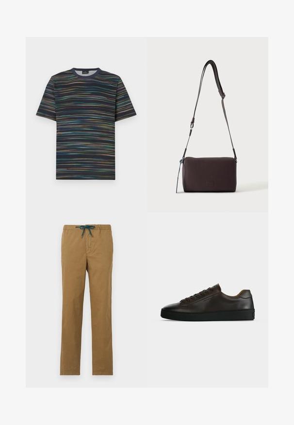 T-shirt manches courtes en coton, avec une base bleu marine et des rayures horizontales multicolores, col rond.; Pantalon en coton marron avec cordon de serrage à la taille en teal. Le design présente des jambes droites sans poches visibles ni embellissements.; Baskets basses en cuir marron foncé avec semelle en caoutchouc noire, lacets à l'avant et design minimaliste épuré sur fond clair.; Sac bandoulière en cuir marron foncé texturé avec une sangle réglable et un petit accent décoratif bleu sur le côté.