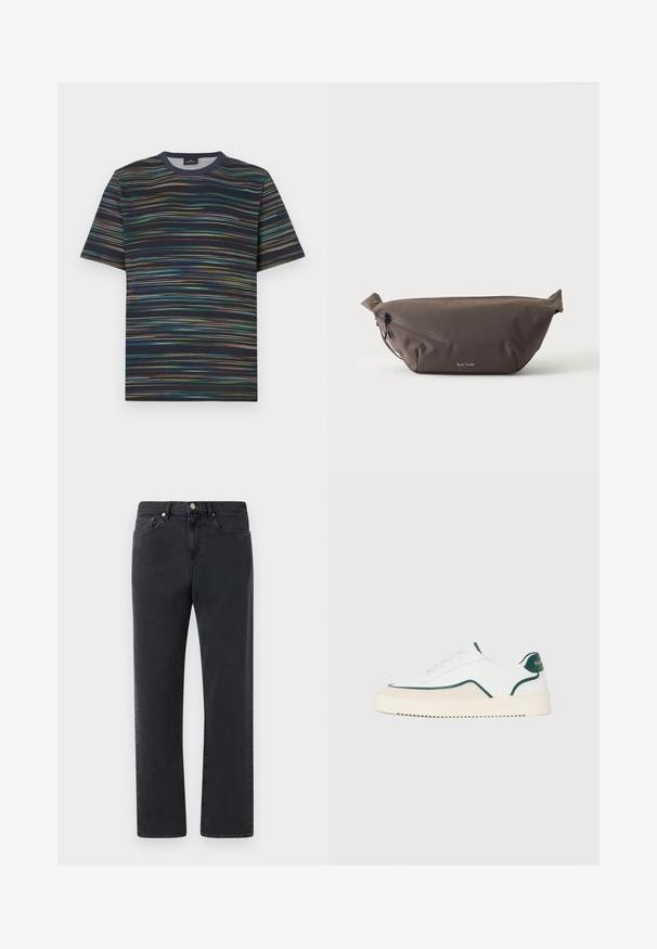 Kortærmet T-shirt lavet af bomuld, med en marineblå base og flerfarvede horisontale striber samt rund halsudskæring.; Sorte denimjeans med et lige bendesign, fem lommer og metalhardware-accenter. Stoffet har en glat, let struktureret finish.; Hvide lavtop sneakers med grønne detaljer, beige ruskind og en cremefarvet sål med en rilllet bund.; Mørkebrun stof talje taske med diagonalt lynlåslomme og lille hvidt logo på fronten, sat mod en ensfarvet lys baggrund.