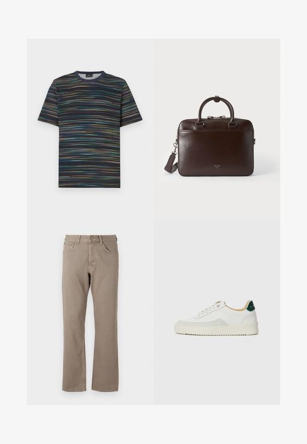 Katoenen T-shirt met korte mouwen, voorzien van een marineblauwe basis met meerkleurige horizontale strepen en een ronde hals.; Beige straight-leg jeans van katoen, met vijf zakken, een knoop- en ritssluiting, en zichtbare stiksels langs de naden.; Witte sneaker met suède accenten, ronde neus, platte veters en een crème rubberen zool. Bevat groene branding op de hiel.; Donkerbruine leren aktetas met twee handvatten, een afneembare schouderriem en een klein voorlogo op een effen achtergrond.