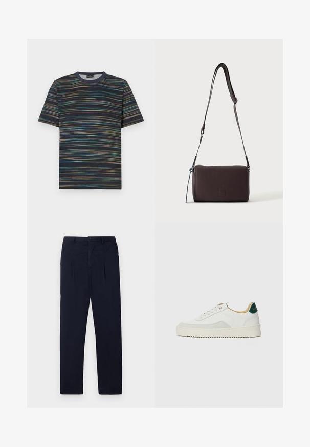 T-shirt manches courtes en coton, avec une base bleu marine et des rayures horizontales multicolores, col rond.; Pantalons bleu marine en tissu léger avec une taille plate, deux plis et une fermeture à bouton standard au niveau de la taille.; Baskets blanches avec des accents en daim, bout arrondi, lacets plats et semelle en caoutchouc crème. Présente une marque verte sur le talon.; Sac bandoulière en cuir marron foncé texturé avec une sangle réglable et un petit accent décoratif bleu sur le côté.