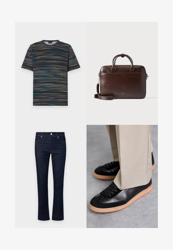 Kurzärmeliges T-Shirt aus Baumwolle mit dunkelblauem Grund und mehrfarbigen horizontalen Streifen sowie einem Rundhalsausschnitt.; Denim-Jeans mit einem dunkelblauen Waschung, geradem Bein, fünf Taschen und Kontrastnähten. Verfügt über einen vorderen Knopfverschluss.; Paul Smith COMO - Sneaker low - black; Dunkelbraune Leder-Aktentasche mit doppelten Griffen und abnehmbarem Schulterriemen, rechteckige Form, glatte Textur und Vordertasche.
