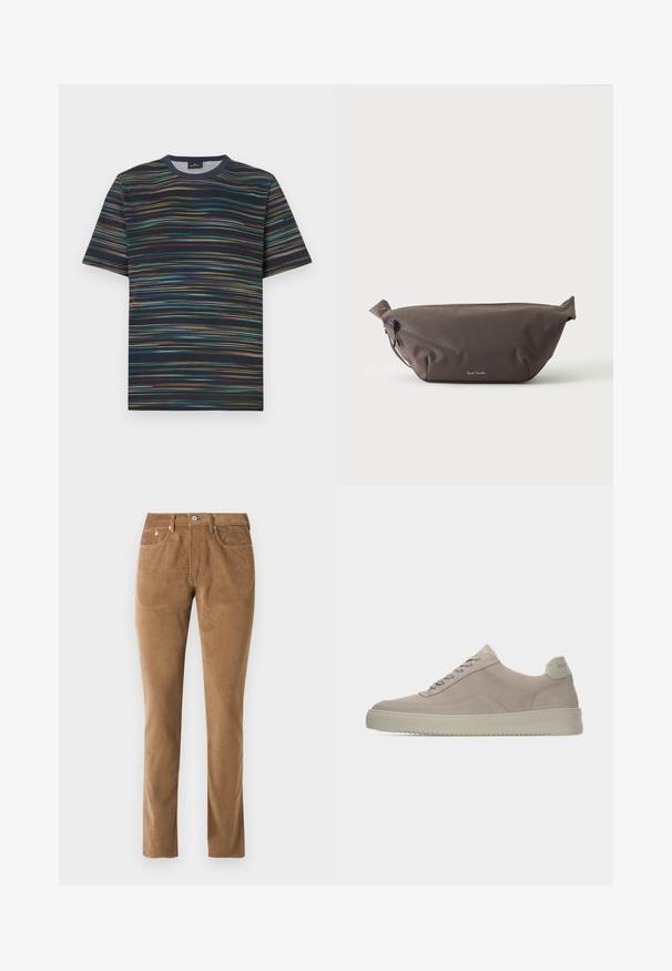 T-shirt manches courtes en coton, avec une base bleu marine et des rayures horizontales multicolores, col rond.; Pantalons en velours côtelé marron avec une coupe ajustée, comprenant cinq poches, une fermeture à bouton et un détaillage cousu le long des coutures.; Baskets en daim beige avec une finition texturée, un bout arrondi et des lacets ton sur ton. Elles présentent une semelle en caoutchouc épaisse et un branding discret sur le talon.; Sac banane en tissu marron foncé avec poche zippée en diagonale et petit logo blanc sur le devant, sur un fond clair uni.