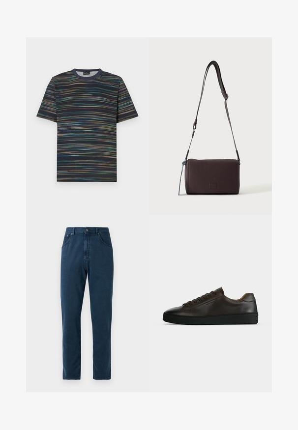 T-shirt manches courtes en coton, avec une base bleu marine et des rayures horizontales multicolores, col rond.; Jean droit bleu marine avec boutons à l'avant, passants de ceinture et coutures visibles sur les poches et les coutures.; Baskets basses en cuir marron foncé avec semelle en caoutchouc noire, lacets à l'avant et design minimaliste épuré sur fond clair.; Sac bandoulière en cuir marron foncé texturé avec une sangle réglable et un petit accent décoratif bleu sur le côté.