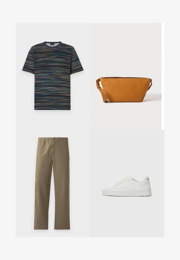 T-shirt manches courtes en coton, avec une base bleu marine et des rayures horizontales multicolores, col rond.; Pantalons kaki en tissu léger. Dotés d'une taille élastique, d'une fermeture à boutons, de jambes droites et d'une texture lisse.; Baskets en cuir blanc avec une finition lisse, bout arrondi, lacets plats et semelle texturée. Présente un logo discret sur le talon.; Sac bandoulière en cuir marron clair avec sangle réglable et fermeture éclair, présenté sur un fond clair uni.