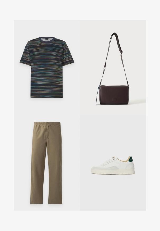 T-shirt manches courtes en coton, avec une base bleu marine et des rayures horizontales multicolores, col rond.; Pantalons kaki en tissu léger. Dotés d'une taille élastique, d'une fermeture à boutons, de jambes droites et d'une texture lisse.; Baskets blanches avec des accents en daim, bout arrondi, lacets plats et semelle en caoutchouc crème. Présente une marque verte sur le talon.; Sac bandoulière en cuir marron foncé texturé avec une sangle réglable et un petit accent décoratif bleu sur le côté.