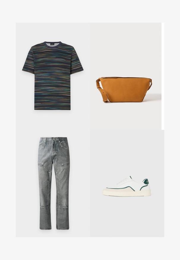 Katoenen T-shirt met korte mouwen, voorzien van een marineblauwe basis met meerkleurige horizontale strepen en een ronde hals.; Grijze denimjeans met een rechte snit, voorzien van frontzakken, zichtbare stiksels en een vervaagde afwerking. Het materiaal heeft een gladde textuur.; Witte lage sneakers met groene accenten, beige suede details en een crème-kleurige zool met een geribbelde onderkant.; Lichtbruine leren crossbodytas met verstelbare band en ritssluiting, getoond tegen een effen lichte achtergrond.