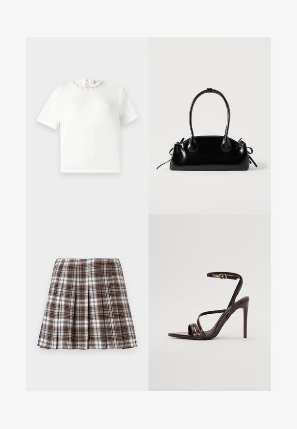 Camisa blanca de manga corta con cuello redondo, con delicado ribete de ganchillo beige y pequeños flecos, cierre trasero con botones.; Falda plisada de cuadros marrones y blancos con un diseño estructurado y una textura nítida, que presenta una cintura alta y múltiples pliegues verticales.; Sandalia de tacón alto de charol burdeos con tira en el tobillo, punta afilada y tres tiras horizontales en el pie. Detalle de hebilla en tono dorado.; Pequeño bolso negro brillante con dos asas largas y detalles de cordón lateral sobre un fondo claro liso.