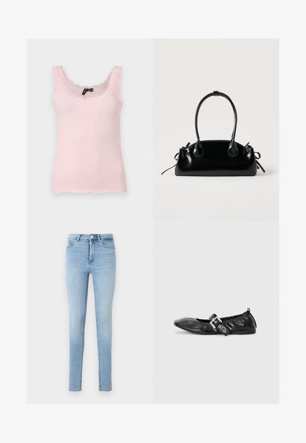 Lyserød ribbet tanktop med blonder langs halsudskæring og stropper, ærmeløs med en tætsiddende silhuet.; Lys blå denim skinny jeans har en frontknap og lynlås lukning, fem lommer og en let falmet overflade for struktur.; Sorte læder flade sko med spids tå, samling detaljer omkring åbningen, og en sølv spænde accent på den justerbare rem.; Lille sort blank håndtaske med to lange håndtag og snøre-detaljer i siden på en ensfarvet lys baggrund.