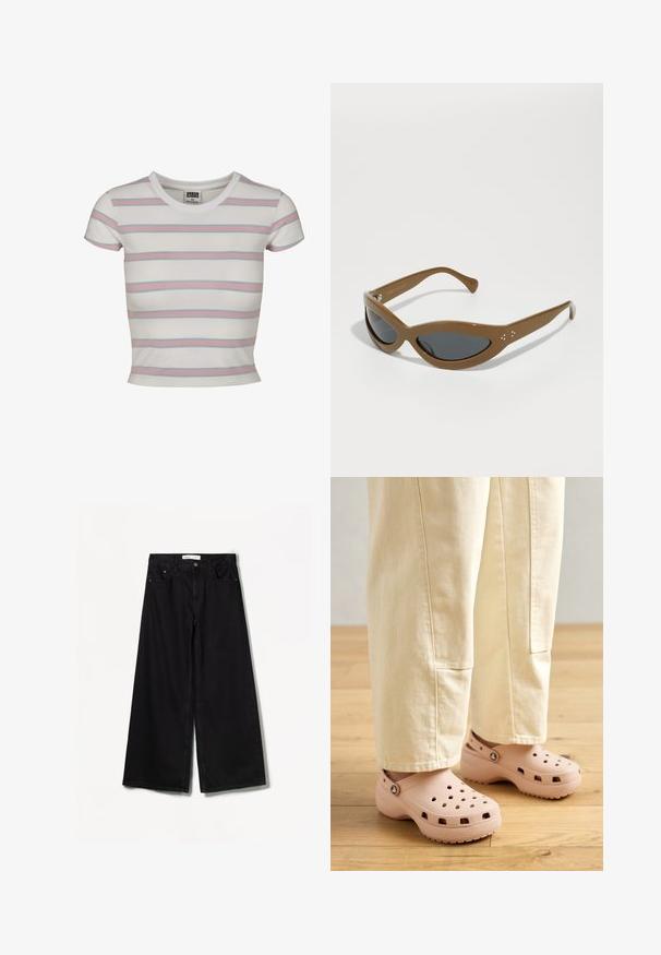 Kurzärmliges, enganliegendes T-Shirt aus weißer Baumwolle mit horizontalen Pastellstreifen in Hellblau und Pink. Vorteilhaft ist der runde Halsausschnitt und das cropped Design.; Schwarze weit geschnittene Jeans aus Denim. Mit hoher Taille, Vorder- und Gesäßtaschen sowie silberfarbener Hardware an der Knopf- und Reißverschlussöffnung.; Helle rosa Clogs aus Gummi, mit Belüftungslöchern, einer konturierten Form und einer strukturierten Sohle für Halt. Getragen mit hellbeigen Hosen.; Braune Kunststoffsonnenbrille mit einer verlängerten Katzenaugenform, dunklen Gläsern und silbernen Punktakzenten an den Seiten.