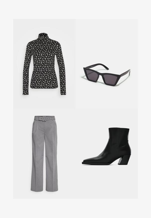 Pieces PCNALA HIGH NECK - Top s dlhým rukávom - black; ONLY ONLSOPHIE BELT WIDE PANT - Nohavice - dark grey melange; Čierna kožená členková topánka s špicatou špičkou, elegantným siluetou a masívnym štvorecovým podpätkom. Hladký povrch s minimálnymi švovými detailmi.; Čierne, ostré slnečné okuliare so sivými sklami; vyrobené z plastu, majú hrubé ramená s hladkým povrchom a bez viditeľnej mechaniky.