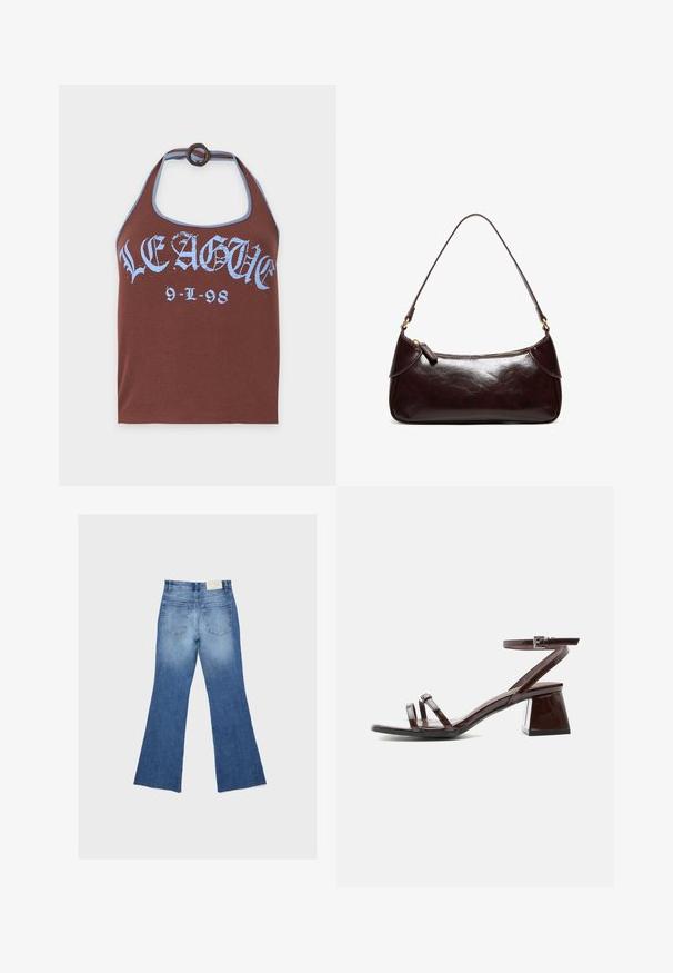 Haut dos-nu marron avec bordure bleue, anneau à l'encolure et texte gothique bleu « "LEAGUE 9-L-98" » sur la poitrine.; Jean en denim bleu avec jambes évasées et deux poches arrière, présenté à plat sur un fond gris clair.; Sandale en cuir verni marron foncé avec talon bloc, bride à la cheville avec boucle et deux fines lanières sur les orteils sur fond blanc.; Sac à bandoulière en cuir marron foncé avec une seule sangle et une fermeture éclair, forme rectangulaire avec des bords arrondis sur fond blanc.