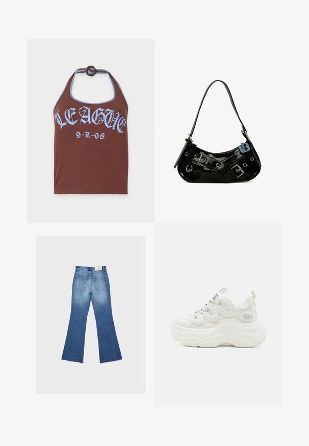 Haut dos-nu marron avec bordure bleue, anneau à l'encolure et texte gothique bleu « "LEAGUE 9-L-98" » sur la poitrine.; Jean en denim bleu avec jambes évasées et deux poches arrière, présenté à plat sur un fond gris clair.; Baskets blanches chunky avec une tige en mesh et synthétique, forme incurvée, semelle texturée et système de laçage proéminent avec des détails de logo.; Sac à main en cuir verni noir avec une forme incurvée, présentant des ferrures en argent, des boucles décoratives et une bandoulière courte. Étiquette bleue attachée.