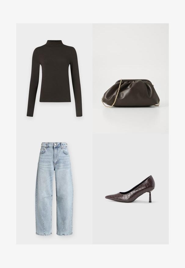 Haut à col roulé manches longues de couleur marron foncé, fabriqué dans un tissu doux avec une coupe ajustée et une apparence minimaliste. Sans motifs ni accents.; Jean large taille haute bleu clair avec poches avant, passants pour ceinture, fermeture par bouton, et détails discrets de coutures aux genoux et à l'ourlet.; Escarpins à bout pointu en similicuir marron avec une texture crocodile, dotés d’un talon fin et angulaire ainsi que d’une doublure intérieure lisse.; Sac à main en cuir marron avec un design froncé, une bandoulière en chaîne dorée et une finition douce et texturée. Sa forme compacte est idéale pour une utilisation en soirée.