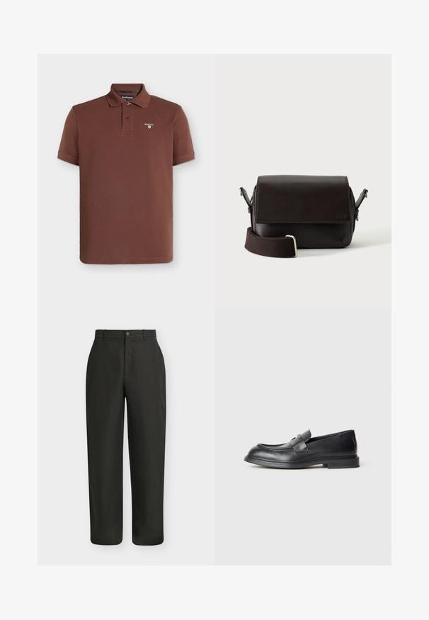 Polo marron à manches courtes avec col, patte à deux boutons et petit logo Barbour sur le côté gauche de la poitrine.; Pantalon noir droit avec fermeture par bouton et fermeture éclair et passants de ceinture sur un fond clair uni.; Mocassins en cuir noir avec une finition texturée, dotés d'une bride décorative à l'avant et d'un bout arrondi. Semelle en caoutchouc pour plus de durabilité.; Sac bandoulière en cuir marron foncé avec fermeture à rabat et sangle en tissu réglable sur fond blanc.