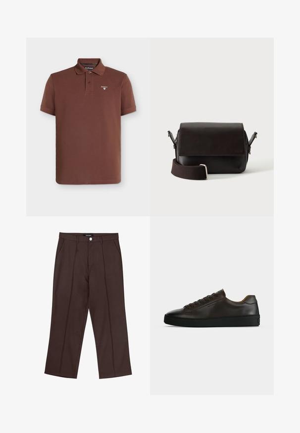 Braunes Poloshirt mit kurzen Ärmeln, Kragen, Zwei-Knopf-Leiste und kleinem Barbour-Logo auf der linken Brust.; Braune gerade geschnittene Hose mit vorderen Falten, Seitentaschen, Gürtelschlaufen und einem markierten Knopfverschluss an der Taille.; Flach geschnittener dunkelbrauner Ledersneaker mit schwarzer Gummisohle, Schnürung vorne und schlicht-minimalistischem Design auf hellem Hintergrund.; Dunkelbraune Leder-Umhängetasche mit Klappenverschluss und verstellbarem Stoffriemen auf weißem Hintergrund.