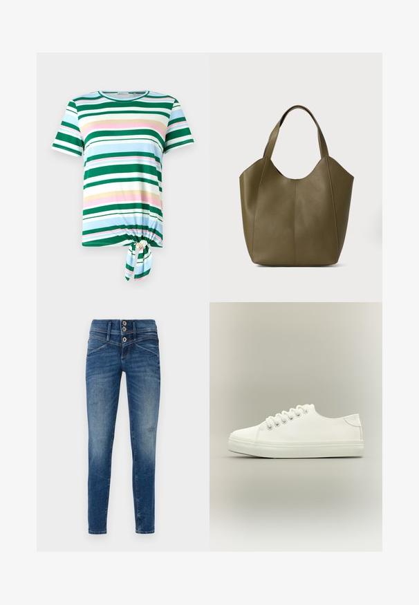 T-shirt à rayures vertes et bleues avec des manches courtes, un col rond et un détail de nœud noué à l'ourlet. Fabriqué en tissu doux.; Jeans skinny en denim bleu foncé avec une finition délavée, présentant une taille haute, une fermeture à deux boutons et des détails déchirés sur les jambes.; Baskets basses blanches avec lacets blancs et semelle en caoutchouc, vues de côté sur un fond neutre.; Sac fourre-tout en cuir vert olive avec double poignée, texture lisse et design à quatre panneaux. Coutures renforcées le long des joints pour plus de durabilité.