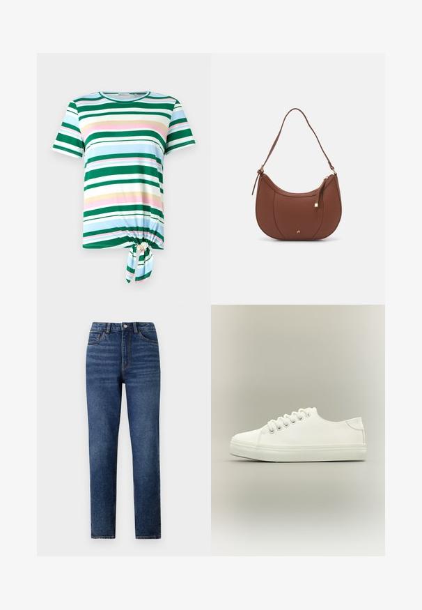 Camiseta de rayas verde y azul con mangas cortas, un escote redondo y un detalle de nudo atado en el dobladillo. Fabricada en una tela suave.; Jeans de mezclilla azul de cintura alta con pierna recta, que cuentan con un ligero desgaste, cierre de un botón y diseño de cinco bolsillos.; Zapatilla blanca baja con cordones blancos y suela de goma mostrada desde vista lateral sobre un fondo neutro.; Bolso de hombro de imitación cuero marrón con forma curva, costura mínima y un acento de hardware en tono dorado. Presenta un cierre de cremallera en la parte superior y una correa ajustable.