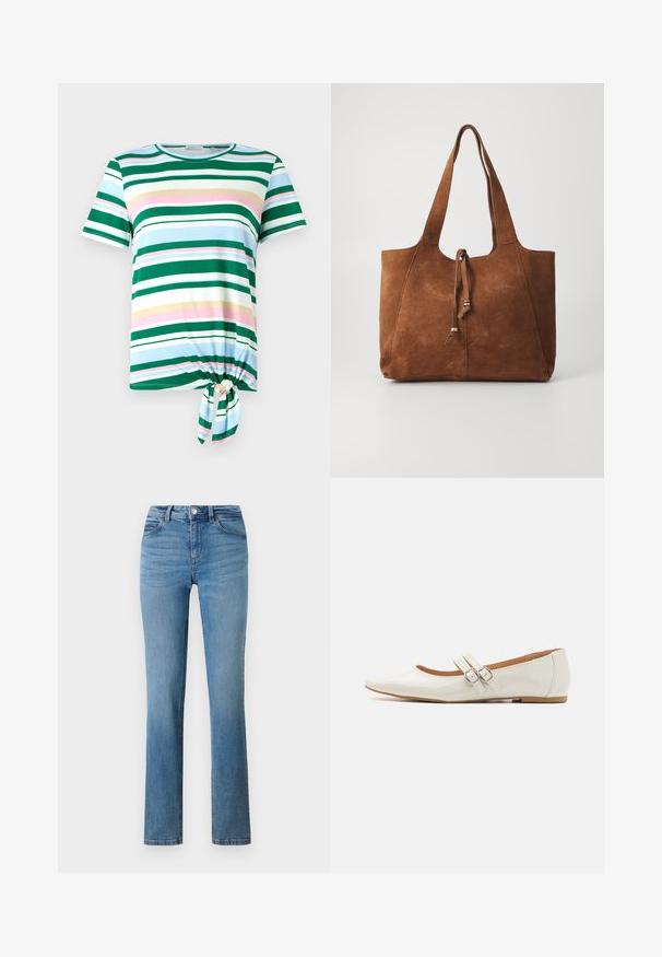 Grøn- og blåstribet T-shirt med korte ærmer, rund halsudskæring og en knude-detalje ved kanten. Fremstillet af et blødt stof.; Lyseblå denimjeans med lige ben, forsynet med lynlås, knaplukning og syede lommer foran og bagpå.; Hvide patentlæder flade sko med spids tå, to dekorative stropper med sølvspænder og en diskret brun sål.; Brun ruskinds tote bag med to lange håndtag, snøre lukning og glat tekstur. Har et enkelt design og minimale accenter.