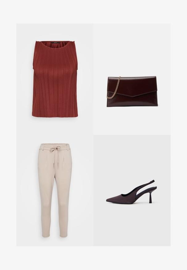 Top sin mangas de canalé rojo con escote redondo, diseño sin mangas y tela texturada. Presenta un sutil fruncido en los hombros.; Pantalones beige confeccionados en una tela suave, con cinturilla elástica ajustable, pliegues frontales y piernas estrechas. Textura lisa sin patrones visibles.; Zapato de tacón con tira trasera en tela color púrpura oscuro. Diseño de punta rematada, laterales abiertos y tacón delgado de forma cuadrada. Textura suave.; Bolso de mano de cuero en burdeos oscuro con diseño de sobre. Presenta una cadena dorada, textura suave y cierre en forma de punta.