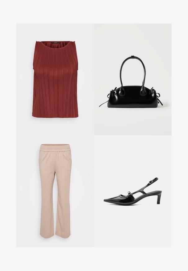 Gestreifter roter Tanktop mit rundem Ausschnitt, ärmellosem Design und strukturiertem Stoff. Verfügt über dezente Raffung an den Schultern.; Helle beige, elastische Bundhose mit lockerer Passform. Verfügt über vertikale Nähte und einen weichen, glatten Stoff. Schlaghosen-Design.; Schwarzer Slingback-Schuh aus Lackleder mit spitzer Kappe, niedrigem Absatz und zwei verstellbaren Schnallenriemen, seitlich dargestellt.; Kleine schwarze glänzende Handtasche mit zwei langen Griffen und seitlichen Kordelzug-Details vor einfachem hellem Hintergrund.
