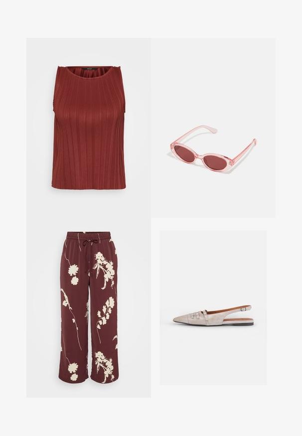 Débardeur rouge côtelé avec un col rond, sans manches et en tissu texturé. Présente des fronces discrètes aux épaules.; Pantalon large bourgogne en tissu lisse avec imprimé floral blanc, doté d'une taille élastique et d'un cordon de serrage pour un ajustement réglable.; Chaussure slingback beige clair avec un bout pointu, une texture en daim doux, ornée de deux boucles décoratives et d'un petit talon plat.; Lunettes de soleil transparentes roses avec des verres ovales, teintés d'un rouge foncé, et des branches fines, présentant une finition lisse et des détails subtils sur la monture.