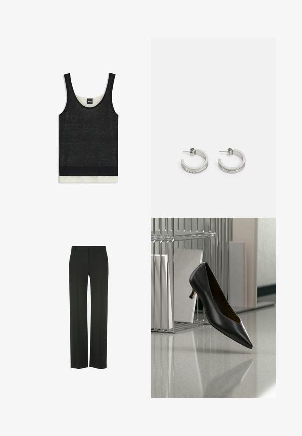 Schwarzes Tanktop aus durchscheinendem Material mit gerippter Textur, ausgestattet mit einem kontrastierenden weißen Saum und einem runden Ausschnitt. Markierung sichtbar auf der Rückseite.; Schwarze, gerade geschnittene Hose aus glattem Stoff, mit flacher Vorderseite, dezenten Bügelfalten und ohne sichtbare Beschläge oder Akzente.; Schwarzer Leder-Kitten-Heel-Schuh mit spitz zulaufender Spitze, der über einem grau gesprenkelten Boden schwebt, neben einem Metall-Ordnerhalter mit Ordnern.; Silberne Creolen mit einer glatten Oberfläche und einer Reihe kleiner klarer Steine entlang der unteren Kante, mit einer Steckverschluss.