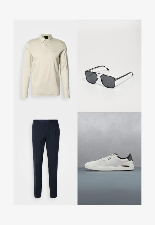 Polo à manches longues avec col en coton couleur crème. Comprend une patte de boutonnage et une broderie discrète "BOSS" sur la poitrine.; Pantalon bleu marine en mélange de coton, avec une coupe droite, des plis à l'avant et une fermeture à bouton à la taille. Texture lisse, sans motifs.; Sneaker basse blanche avec talon noir, fermeture à lacets, perforations subtiles et logo "BOSS" sur le côté, vue depuis le profil extérieur.; Lunettes de soleil noires avec une forme rectangulaire, monture en métal, verres gris foncé et accents argentés élégants sur les branches.