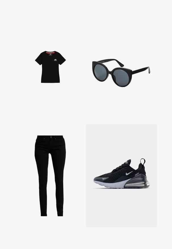 Sort T-shirt med korte ærmer med lille hvid Alpha Industries-logo på venstre bryst og rød indvendig krave.; Sorte skinny jeans lavet af denim, med et klassisk fem-lomme design, en mellemhøj talje og subtile metalhardware-detaljer.; Sort atletiske sneakers med en mesh-overdel, der har et hvidt swoosh-logo, synlig Air-enhed og en tekstureret ydersål. Detaljer inkluderer en bageste trækstrop.; Storede sorte oversized solbriller med katteøjeform, mørkt tonede linser og glansfuldt plastisk stel. Har tykke stænger for støtte.