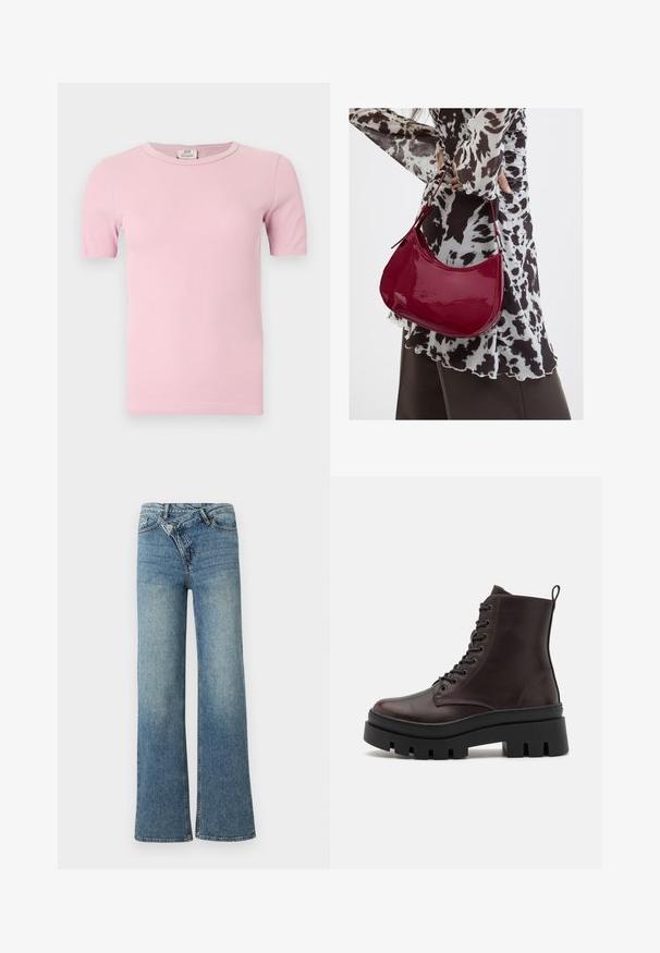 Lys lyserød ribstrikket T-shirt med korte ærmer og rund hals, vist fladt mod en hvid baggrund.; Lyseblå denim jeans med vide ben og høj talje, let falmet effekt og knaplukning foran. Har fem lommer og minimal syning.; Brune læder ankelstøvler med en rund tå, sort kraftig sål og snørredetaljer. Har en bageste løkke for nem påtagning.; Kvinde iført en sort- og hvidmønstret bluse, der holder en blank rød skuldertaske mod en ensfarvet baggrund.
