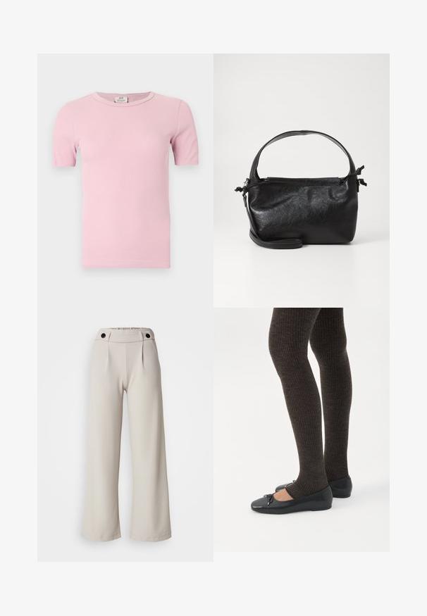 Lys lyserød ribstrikket T-shirt med korte ærmer og rund hals, vist fladt mod en hvid baggrund.; Plisserede bukser med vidde i lys beige stof med en glat tekstur, der har en samlet talje og to sorte knapper i taljen.; Ben iført mørke ribbede leggings kombineret med sorte balletsko med små sløjfedetaljer på hvid baggrund.; Sort læderhåndtaske med et struktureret design, rund tophåndtag og aftagelig skulderrem. Den har en glat tekstur og en subtil glans.