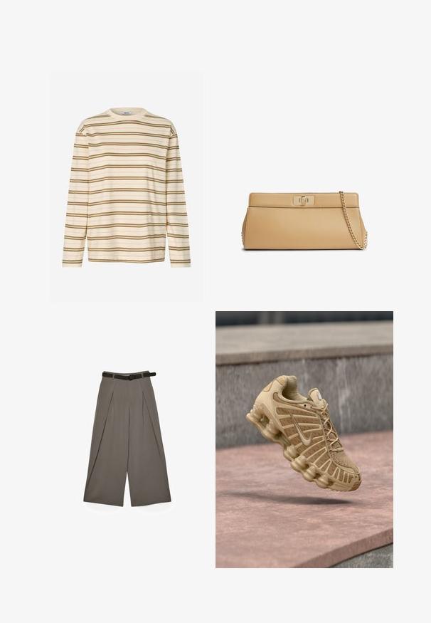 Chemise à manches longues à rayures crème avec des rayures vertes et rose pâle. Elle présente un col rond et un tissu doux et léger.; Un pantalon gris à large jambe avec des plis sur le devant et une ceinture noire, présenté à plat sur un fond blanc.; Chaussure de sport beige avec tige en mesh et support structuré, dotée d'une semelle coussinée avec unités d'air visibles et détails texturés.; Pochette rectangulaire en cuir camel avec bandoulière chaîne dorée et fermeture à tourniquet sur fond blanc uni.