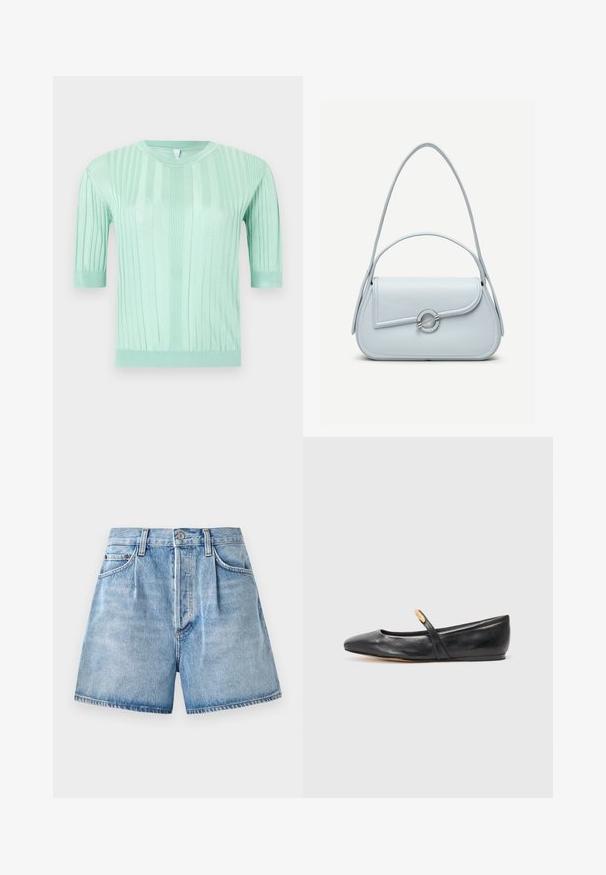 Hellgrüner, gerippter Kurzarmpullover mit Rundhalsausschnitt sowie engeren Bündchen und Saum.; Helle blaue Jeansshorts mit hoher Taille, ausgestattet mit einem Knopf- und Reißverschluss, vorderen Taschen und einem rohen Saum.; Schwarze Leder-Ballettschuhe mit spitzem Zehenbereich, schlankem Riemen und einem kleinen goldenen Akzent nahe dem Riemen. Glatte Textur und niedriger Absatz.; Hellblaue Lederhandtasche mit abgerundetem Überschlag, silbernem, rundem Verschluss und zwei Schulterriemen vor einfarbigem Hintergrund.