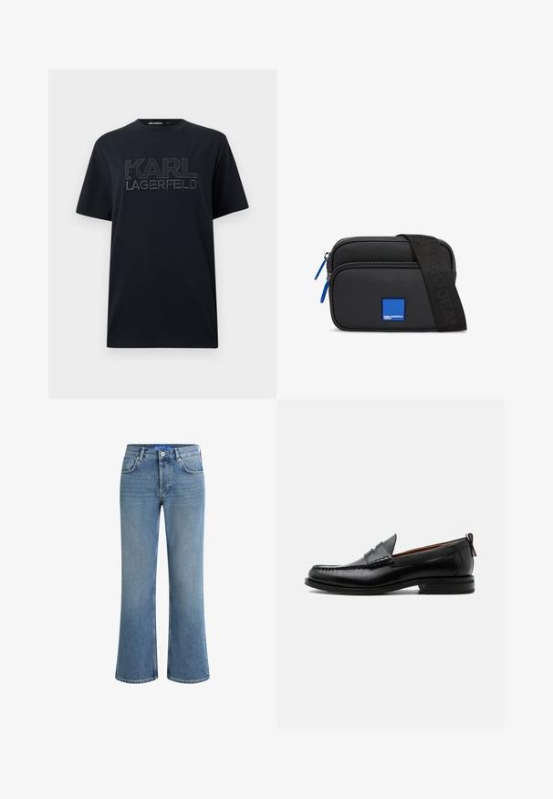 Schwarzes kurzärmeliges T-Shirt mit großem geprägtem "KARL LAGERFELD" Schriftzug und einer kleinen Profil-Silhouette auf der Brust.; Hellblaue, ausgestellte Jeans aus Denim mit mittelhohem Bund, Fünf-Taschen-Design und einer dezenten, strukturierten Oberfläche, die über einen standardmäßigen Knopfverschluss verfügt.; Schwarzer Leder-Herrenschuh mit Mokassinnaht, Penny-Riemen, strukturiertem Kragen und niedrigem gestapeltem Absatz auf weißem Hintergrund.; Schwarze synthetische Umhängetasche mit einem blauen quadratischen Logo, zwei Reißverschlussfächern und einem schwarzen Riemen mit Markenaufschrift.