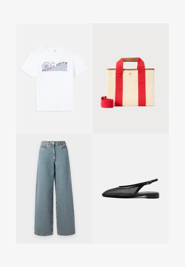 Witte katoenen t-shirt met een kleurrafische afbeelding van een reuzenrad en een achtbaan, met de tekst "PS Paul Smith" in rood en blauw.; Hogewaisted, lichtblauwe wijdvallende denim jeans met een ritssluiting aan de voorkant, knoopsluiting en zakken aan de voorkant.; Zwarte slingback platte schoen met puntige neus, mesh bovenwerk, verstelbare gespsluiting en lage gestapelde hak op witte achtergrond.; Beige rechthoekige canvas tas met brede rode banden, bruine leren afwerking en een afneembare rode schouderriem op een lichte achtergrond.