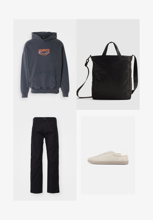 Donkergrijze hoodie met een voorzak, een capuchon met trekkoord en een oranje grafisch logo "mmg Paradise Disco Dancing Club" op de borst. Gemaakt van een katoenmix.; Zwarte canvasbroek met een rechte pijp, voorzien van een voorste knoopsluiting, riemlussen en zijzakken. De textuur is soepel en duurzaam.; Beige suède sneaker met een gestructureerd bovenwerk, een gladde witte hielkap, dunne veters en een rubberen buitenzool. Heeft een slank, laag profiel.; Zwarte nylon tote bag met korte handvatten en een afneembare schouderband, voorzien van een slank, gewatteerd ontwerp en minimale hardware-accenten.