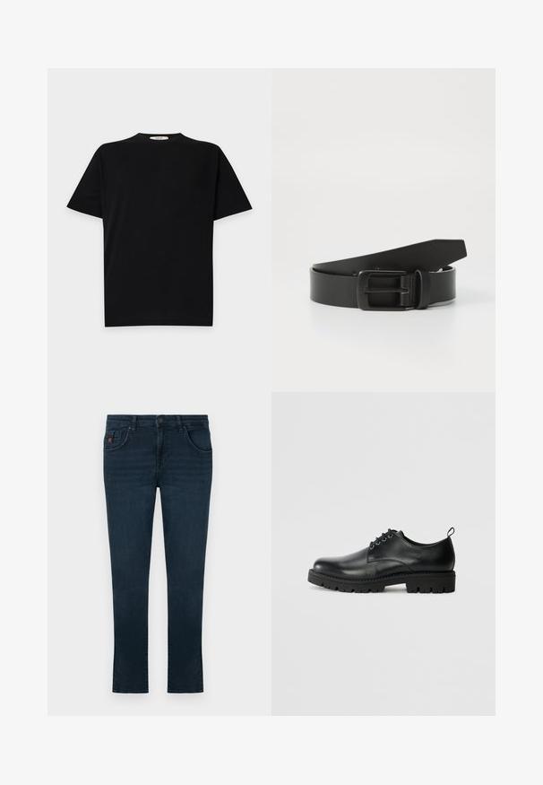 Μαύρο κοντομάνικο T-shirt με στρογγυλή λαιμόκοψη, διακριτικό λογότυπο σε όμοια απόχρωση στο στήθος και μικρή ετικέτα με το λογότυπο της μάρκας στο εσωτερικό του γιακά.; Σκούρα μπλε τζιν στενής γραμμής με κούμπωμα με κουμπί και φερμουάρ μπροστά, πέντε τσέπες και διακριτικές ραφές.; Μαύρο δερμάτινο παπούτσι με στρογγυλή μύτη, διαθέτει σχέδιο με κορδόνια, ανθεκτική μαύρη καουτσούκ σόλα και μια μικρή ταμπακιέρα στο πίσω μέρος.; Μαύρη δερμάτινη ζώνη με ματ μαύρη μεταλλική αγκράφα, με λεία υφή και απλό σχέδιο. Ρυθμιζόμενο μήκος με κωνική άκρη.