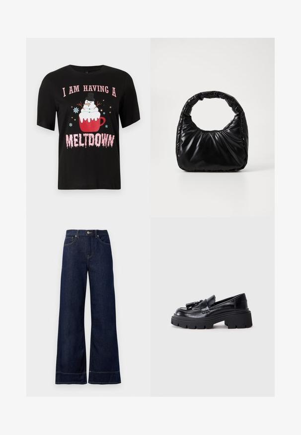 Sort kortærmet skjorte med en rød krus toppet af en smeltende snemænd, snefnug og teksten "Jeg har et sammenbrud" i lyserøde bogstaver.; Mørkeblå brede jeans lavet af denim. Har en knaplukning, stikninger og sidelommer. Udfoldet nederste kant.; Sorte læder loafers med en klumpet, bølget sål, der har en dekorativ kvast på forsiden og en glat, blank overflade.; Sort polstret håndtaske med et rundt håndtag, der har en glat, skinnende overflade og en blød, kviltet tekstur. Ingen synlige hardware eller accenter.