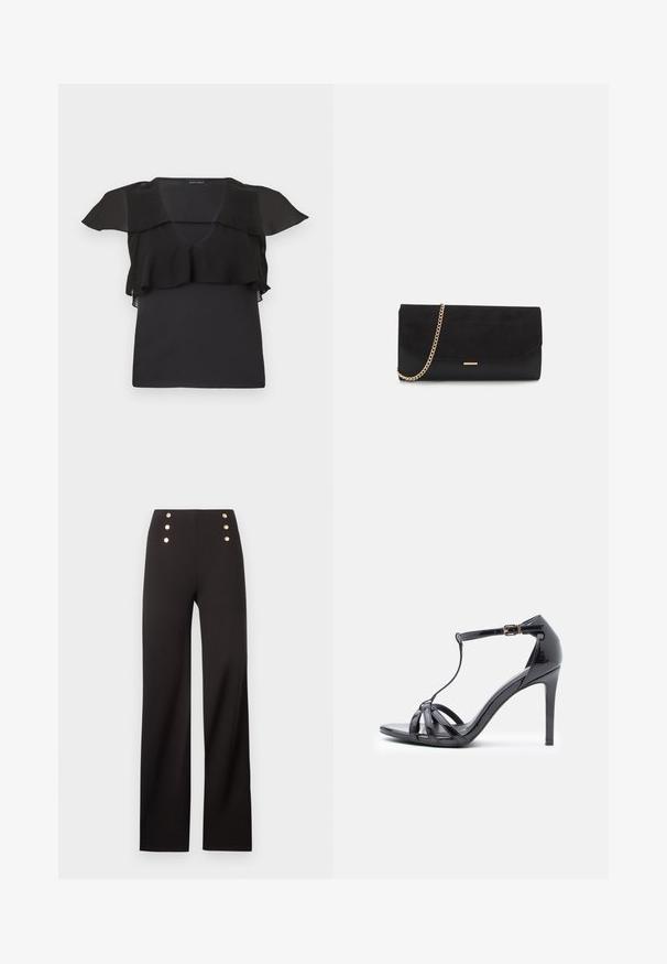 Haut noir sans manches avec détail froncé transparent sur les épaules et la poitrine, col en V et silhouette ajustée.; Pantalon noir taille haute à jambes larges avec six boutons décoratifs dorés disposés en deux rangées verticales près de la taille.; Sandale à talons hauts en cuir verni noir avec des fines lanières, design en T, fermeture à boucle et silhouette élégante et courbée.; Porte-monnaie noir en daim avec une finition texturée, doté d'une chaîne dorée et d'un design épuré et angulaire.