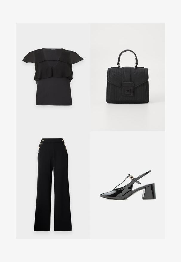 Top negro sin mangas con detalle de volantes transparentes sobre los hombros y el pecho, escote en V y silueta ajustada.; Pantalones de pierna ancha de talle alto en negro con botones dorados en la parte delantera y bolsillos en ambas caderas sobre un fondo blanco.; Zapato slingback de charol negro con tacón bajo, punta puntiaguda y tira en T con una pequeña hebilla dorada.; Bolso de mano de piel negra con textura acolchada, forma rectangular, asa superior y un solapa frontal con un cierre en tono plateado.