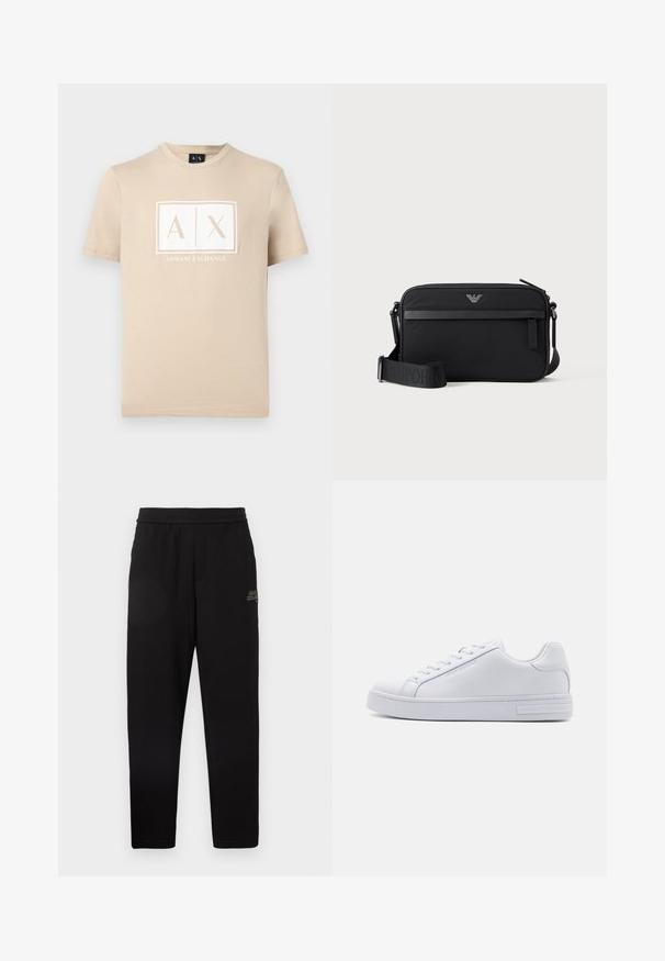Beige Kurzarm-T-Shirt mit Rundhalsausschnitt und weißem Armani Exchange "A|X" Logo in der Mitte auf der Brust.; Schwarze tapered Sweathosen mit elastischem Bund und kleinem aufgedrucktem Logo am oberen linken Oberschenkel.; Weiße Ledersneaker mit glatter Textur, runder Zehenform, Schnürung vorne und flacher Gummisohle. Mit eingeprägtem Branding an der Ferse.; Schwarze rechteckige Umhängetasche mit vorderer Reißverschlusstasche, verstellbarem Schultergurt und kleinem Metalllogo oben in der Mitte.