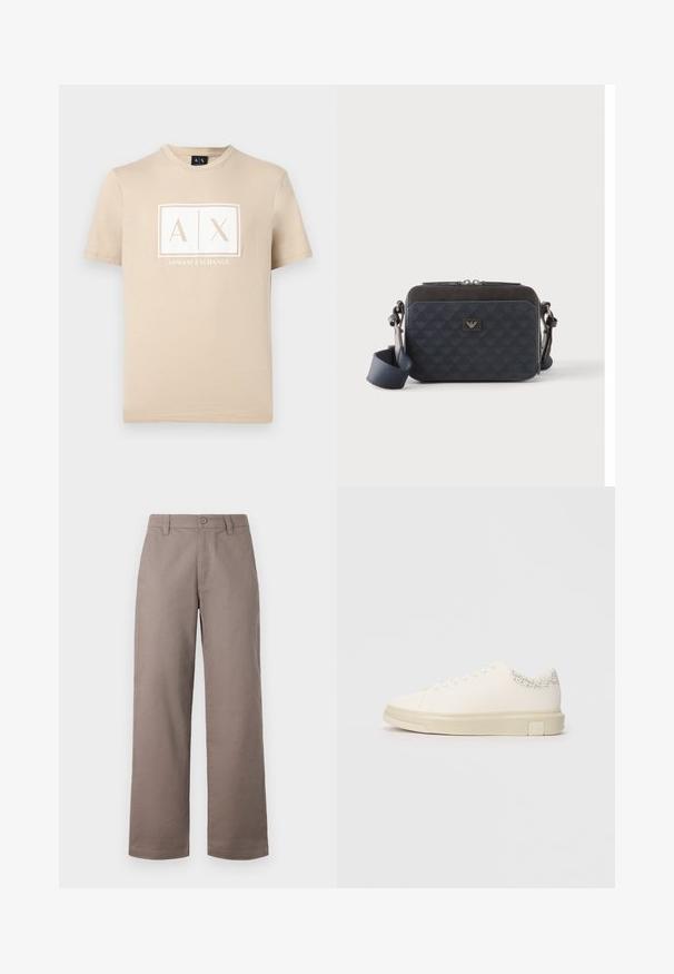 T-shirt beige à manches courtes et col rond avec le logo "A|X" d'Armani Exchange en blanc centré sur la poitrine.; Pantalons large de couleur marron clair avec une finition lisse ; dotés d'une fermeture à bouton à l'avant et de poches latérales. Fabriqués en tissu léger.; Sneaker blanc avec une tige en toile lisse, des lacets plats, un col rembourré et un accent gris texturé à l'arrière. Semelle en caoutchouc épaisse.; Sac bandoulière rectangulaire bleu foncé avec sangle réglable, fermeture éclair et motif subtil du logo sur le panneau avant.